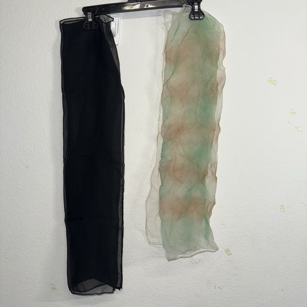Vintage Sheer Organza Scarf Lot 2 Black Pastel Green Tan Long Chiffon Wrap *PICS